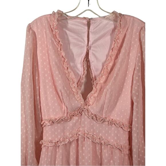 Pink Clip Dot Faux Wrap Mini Dress Size Small Ruffle Babydoll Open Back Dress - Picture 5 of 16